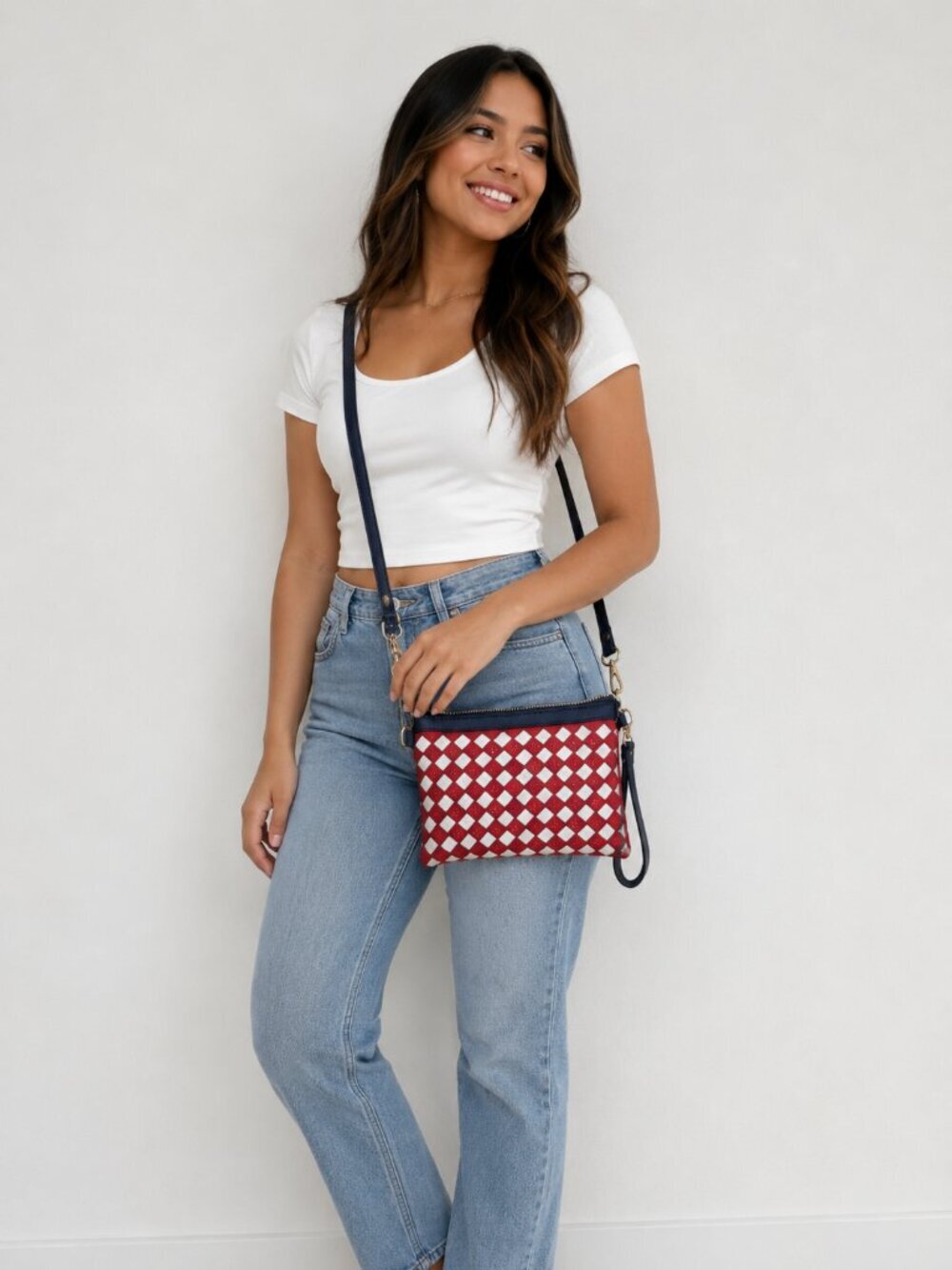 Charlie Red & White Check with Navy Blue Trim Crossbody or Wristlet